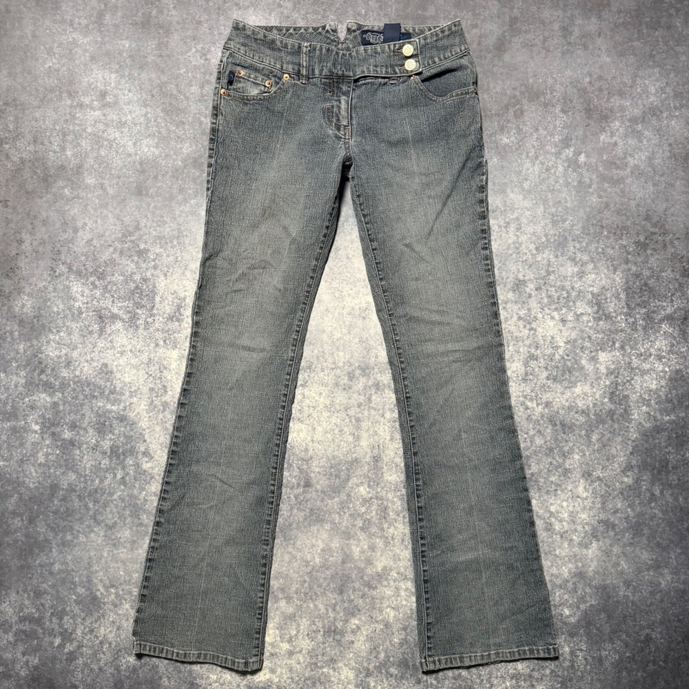 Vintage Tyte Y2K Flared Jeans Womens 9 Low Rise Double Button V Notch Back Denim